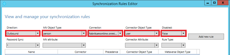 Captura de tela de uma pesquisa de regras de sincronização de saída no Editor de Regras de Sincronização