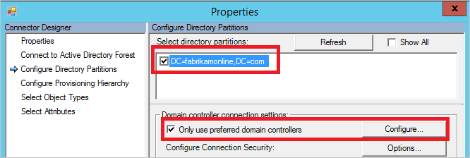 Controlador de domínio usado pelo Active Directory Connector