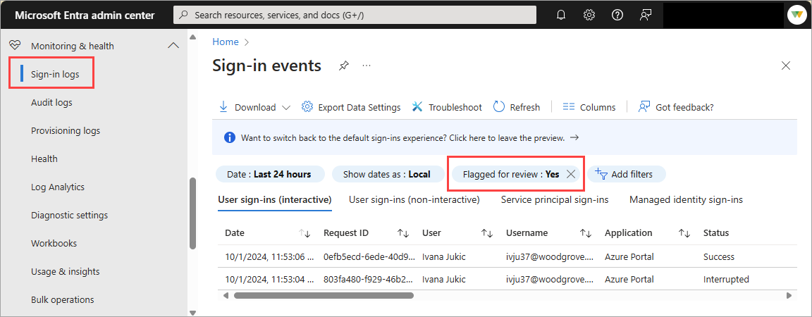 Captura de tela dos logs de entrada do Microsoft Entra ID com o filtro Sinalizado para revisão selecionado.