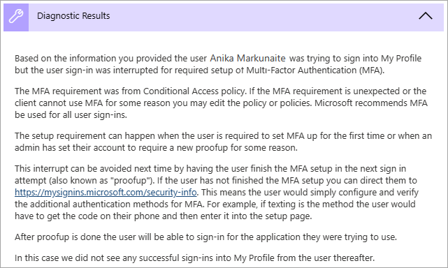 Captura de tela mostrando os resultados do diagnóstico da confirmação de MFA.