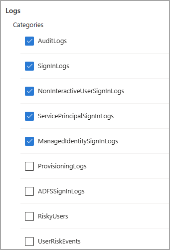 Captura de tela das categorias de log nas configurações de diagnóstico.