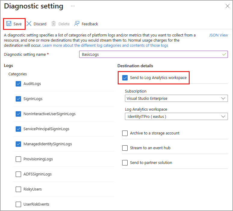 Captura de tela da página Criar configurações de diagnóstico, com vários logs selecionados para ir para um workspace do Log Analytics.