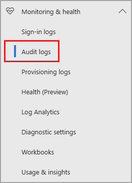 Captura de tela da opção de logs de auditoria no menu lateral.