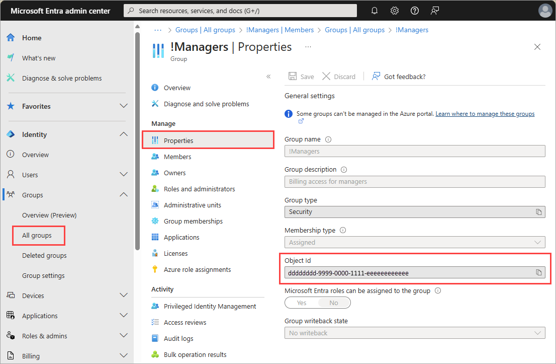 Captura de tela das propriedades do grupo no Centro de administração do Microsoft Entra.