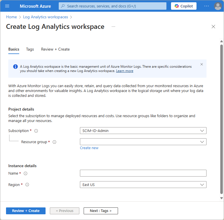 Captura de tela da página de detalhes da criação de um novo workspace do Log Analytics.