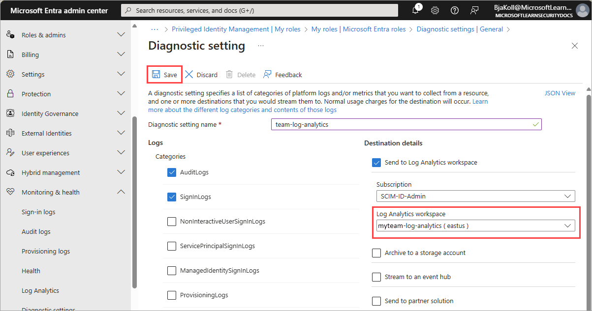 Captura de tela das opções de configuração de diagnósticos selecionadas.