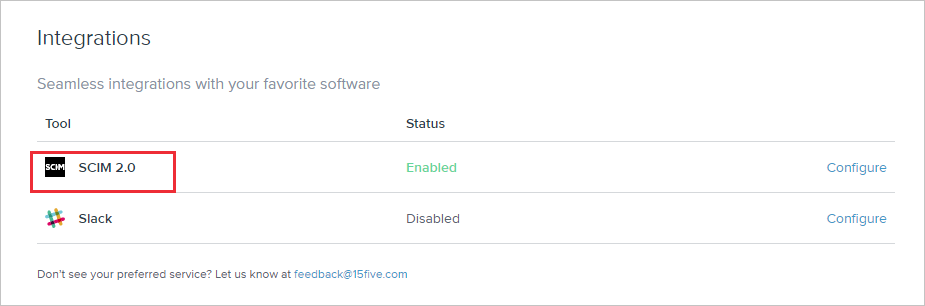 Captura de tela da página Integrações no console de administração do 15Five. Em Ferramenta, S C I M 2.0 está realçado.