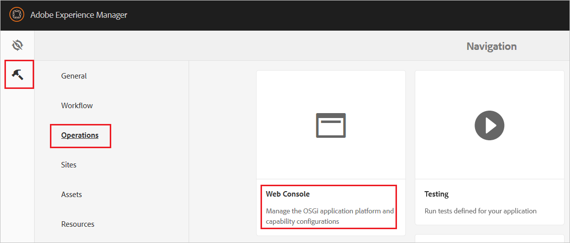 Captura de tela que realça o Console Web em Operações na seção Configurações.