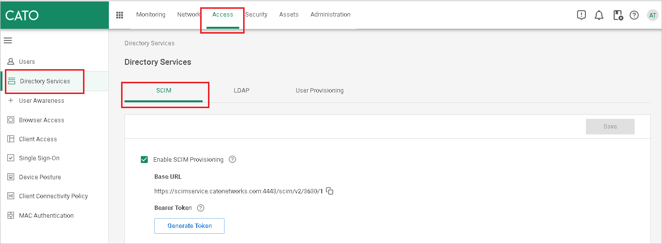 Captura de tela da navegação para a configuração de SCIM.