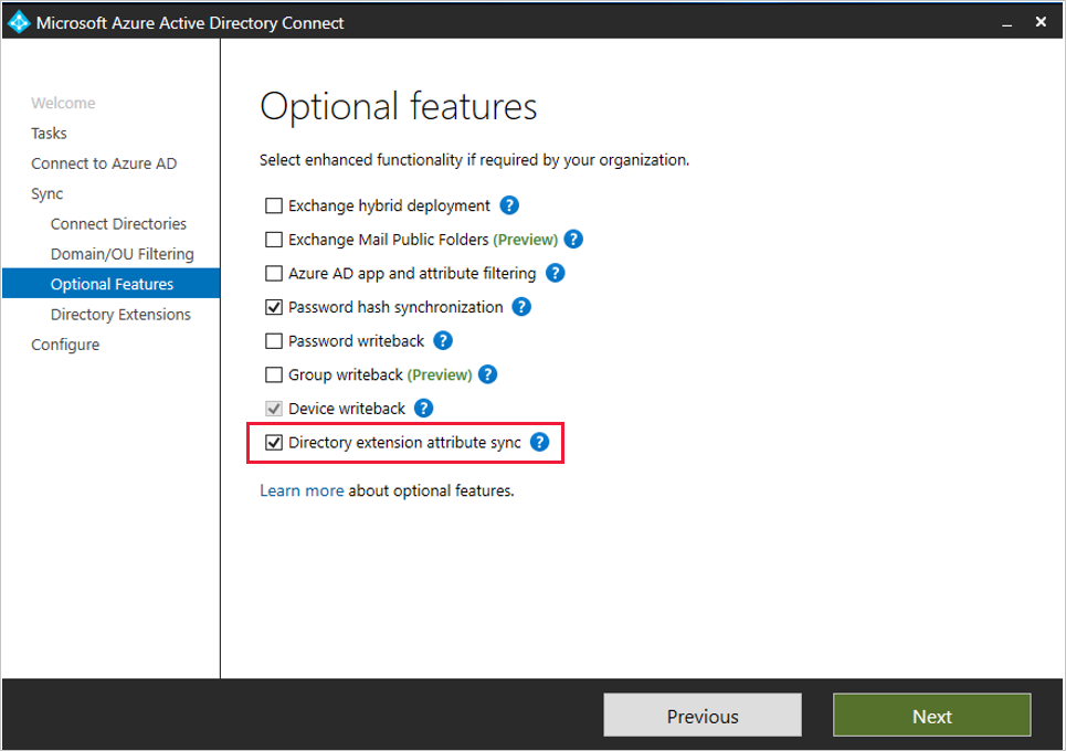 Página Recursos opcionais do assistente do Microsoft Entra Connect