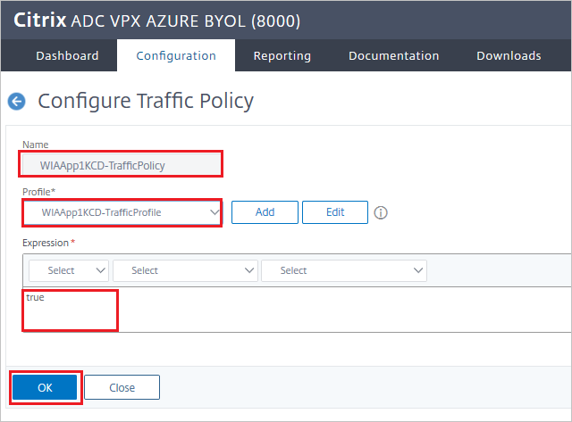 Captura de tela da configuração do conector SAML do Citrix ADC para Microsoft Entra – Painel Configurar Política de Tráfego