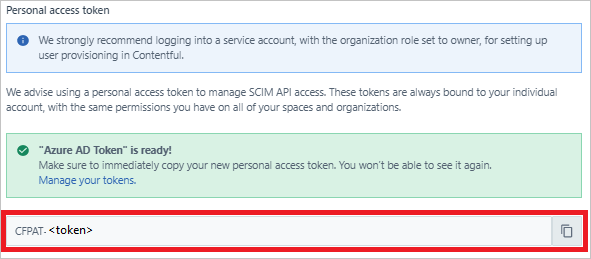 Captura de tela do painel de token de acesso pessoal, com C F P A T e o nome do espaço reservado do token realçado.