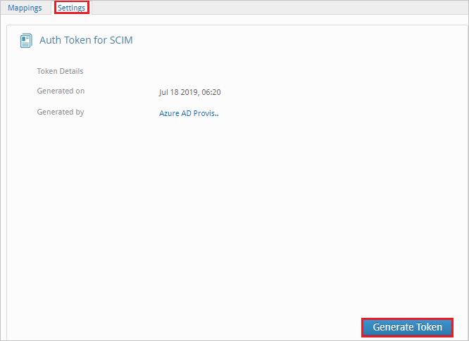 Captura de tela de uma página no console de administração do Druva. A opção Configurações está destacada e a guia Configurações está aberta. O botão Gerar token está destacado.