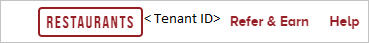 Captura de tela do menu principal do portal empresarial do Foodee. Um espaço reservado da ID do Locatário está visível no menu.