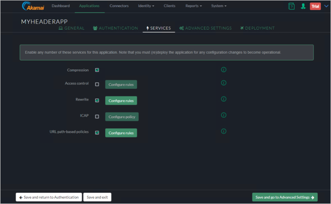 Captura de tela da guia Serviços do console Akamai EAA para MYHEADERAPP mostrando o botão Salvar e ir para AdvancedSettings no canto inferior direito.