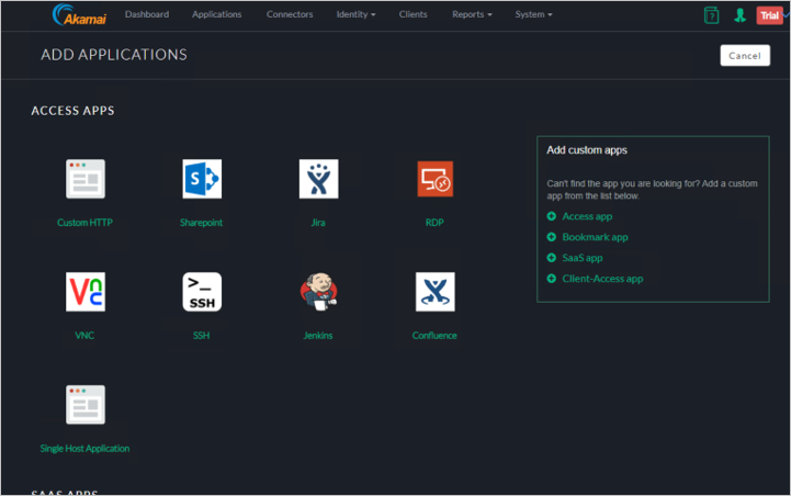 Captura de tela do assistente para Adicionar aplicativos do console do Akamai EAA mostrando CustomHTTP listados na seção Acessar Aplicativos.