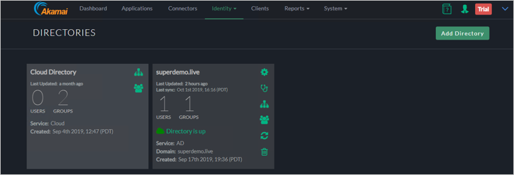 Captura de tela da janela Diretórios do console do Akamai EAA mostrando que o diretório superdemo.live foi adicionado.