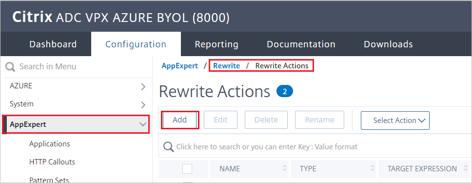 Configuração do Citrix ADC – painel Ações de Reescrita