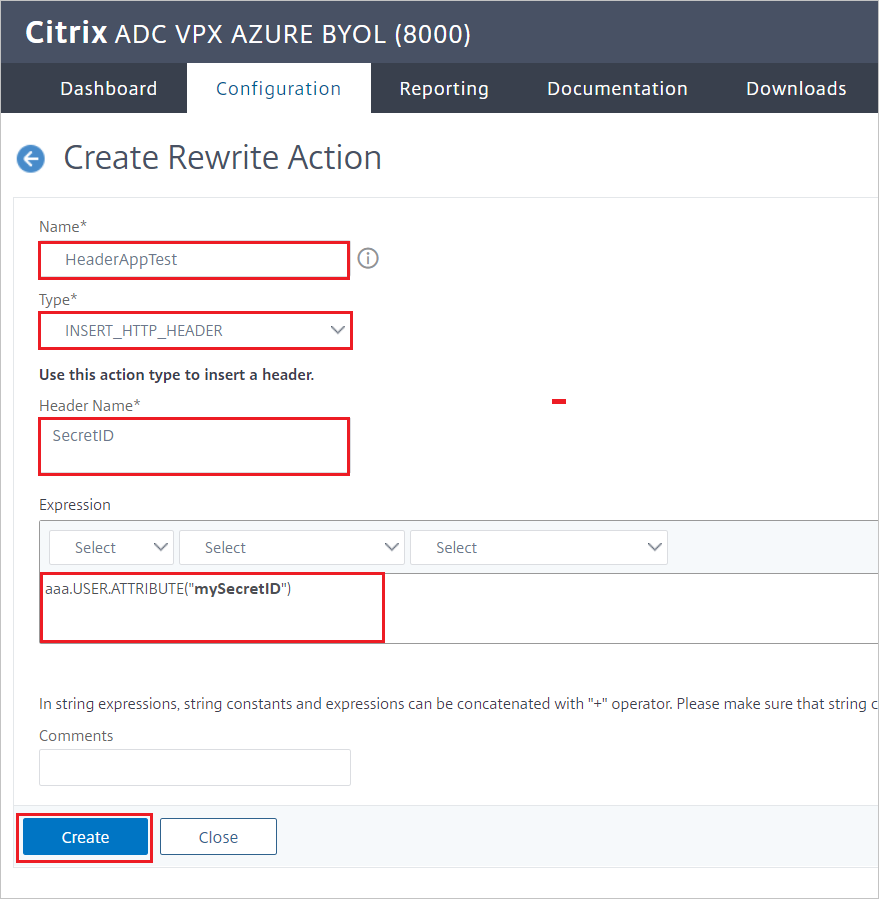 Configuração do Citrix ADC – painel Criar Ações de Reescrita