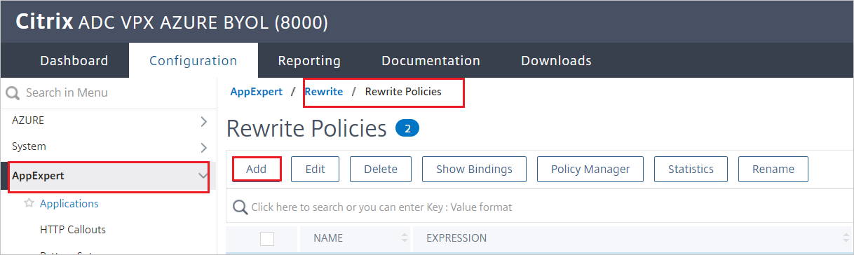 Configuração do Citrix ADC – painel Políticas de Reescrita