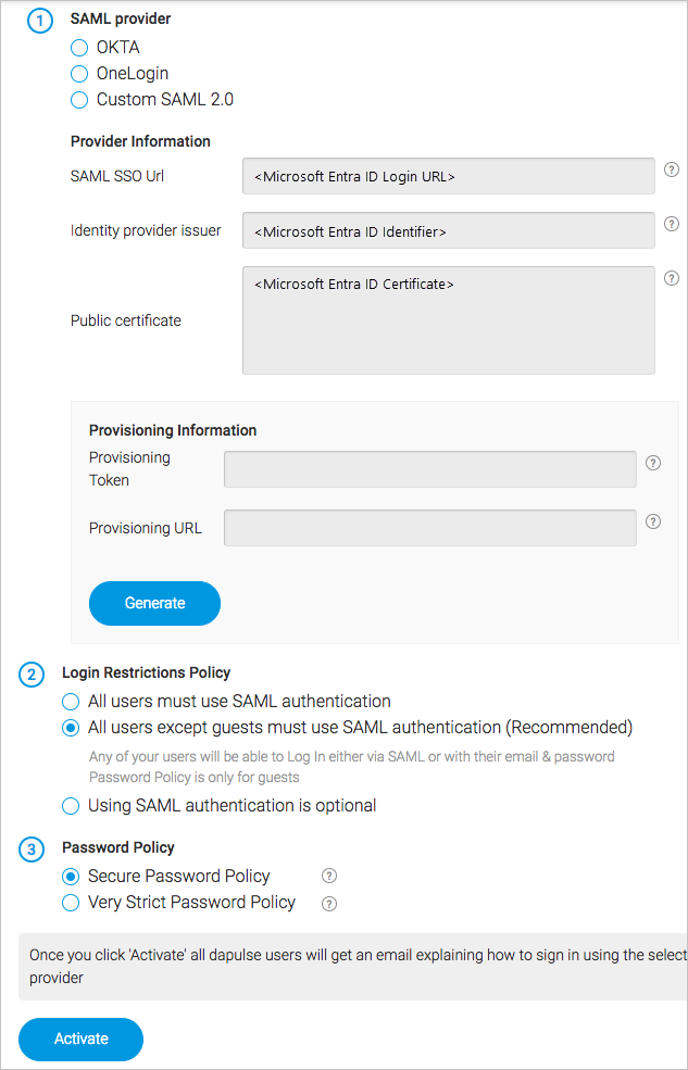 Screenshot shows the SAML provider where you can enter information from your I D P.