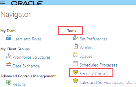 Captura de tela da página Navegador no console de administração do Oracle Fusion E R P. Ferramentas e Console de segurança estão realçados.