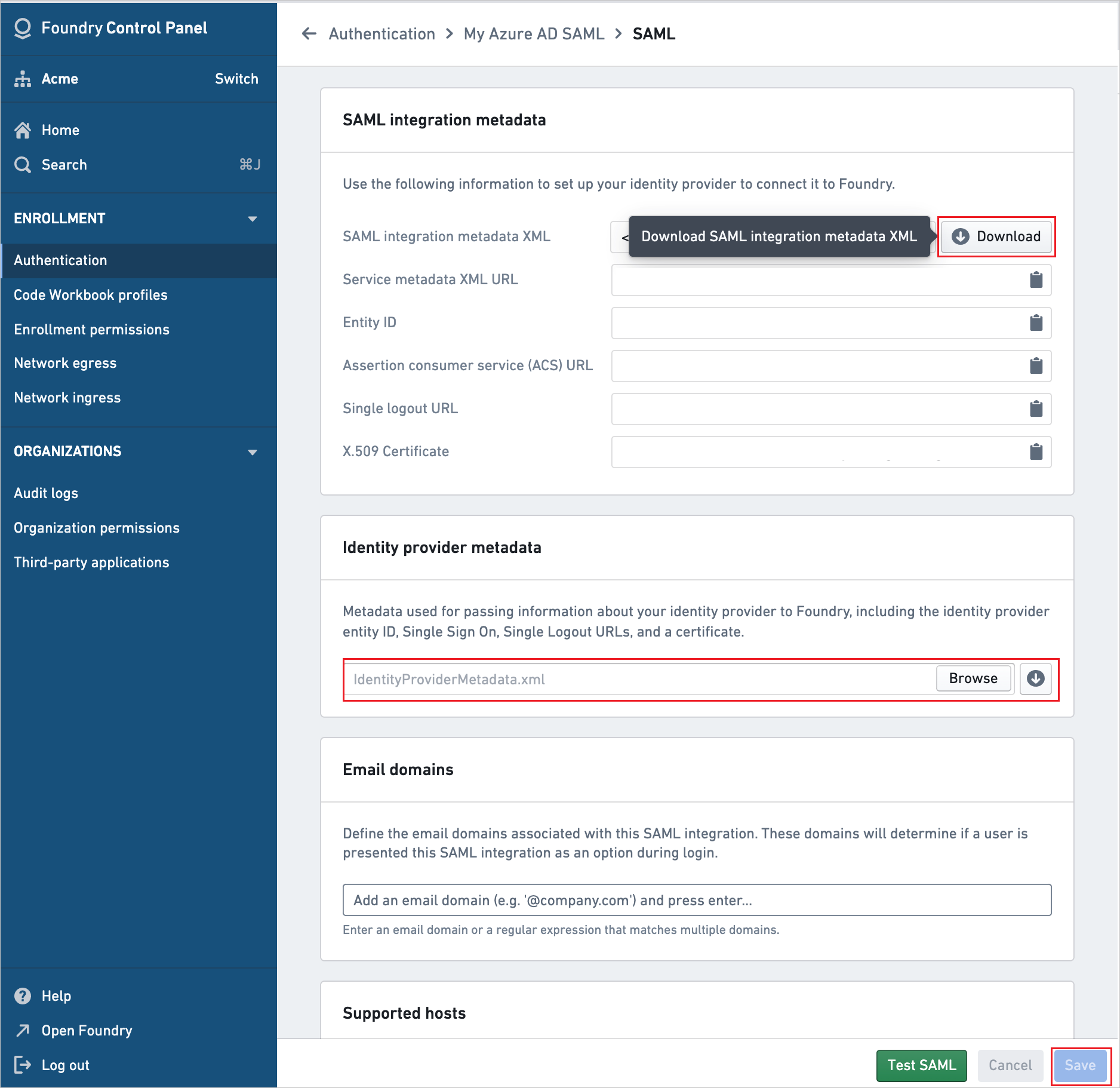 Captura de tela de como Adicionar configuração SAML.