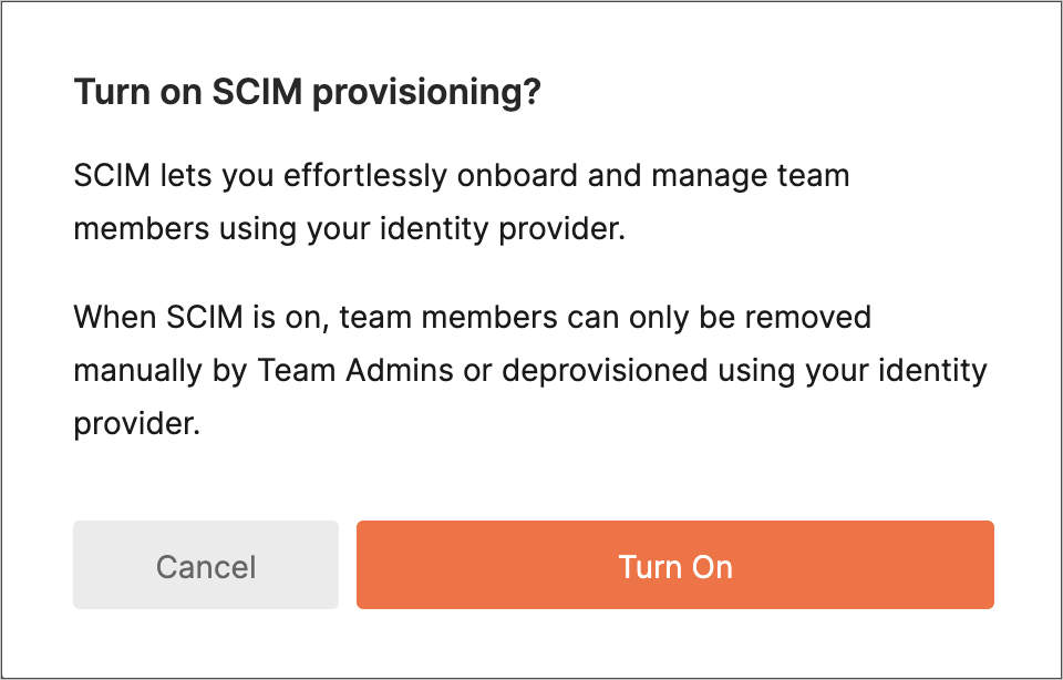 Captura de tela do modal para ativar o provisionamento do SCIM.