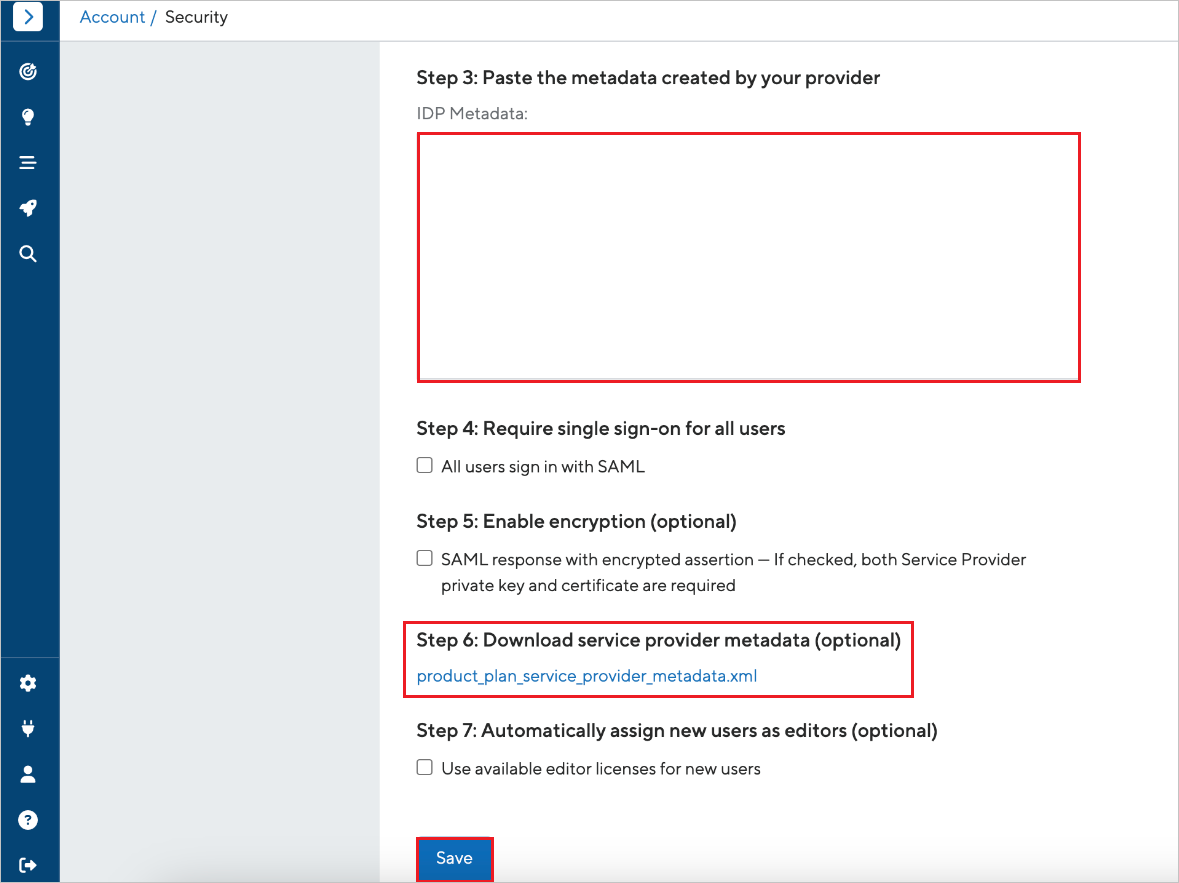 Captura de tela mostrando a definição de conta para a configuração.