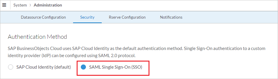 Selecionar Logon Único do SAML para o método de autenticação