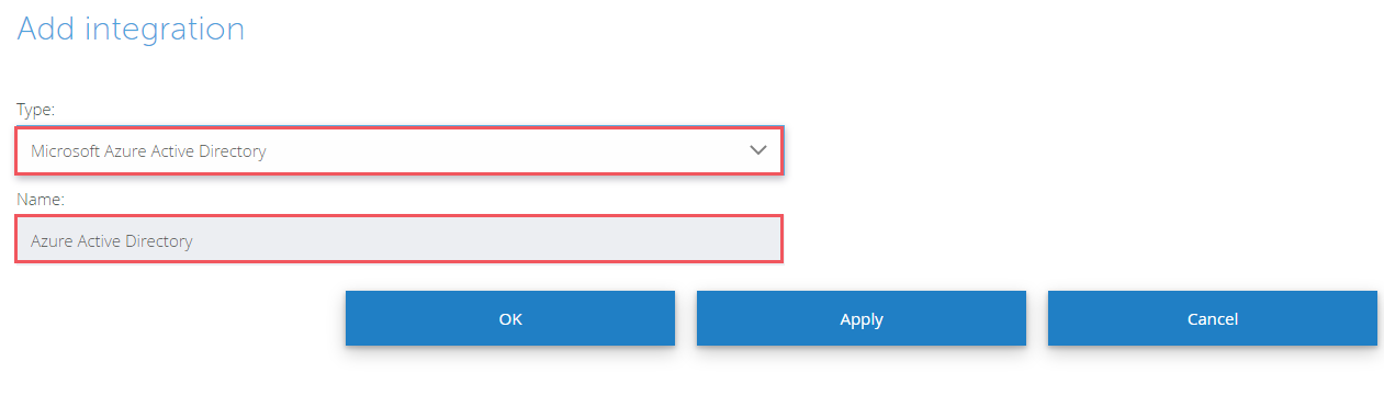 Captura de tela da caixa de diálogo Adicionar integração com as caixas de texto Tipo e Nome destacadas.