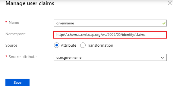 A captura de tela mostra a seção Gerenciar declarações do usuário, em que você pode inserir o Namespace.