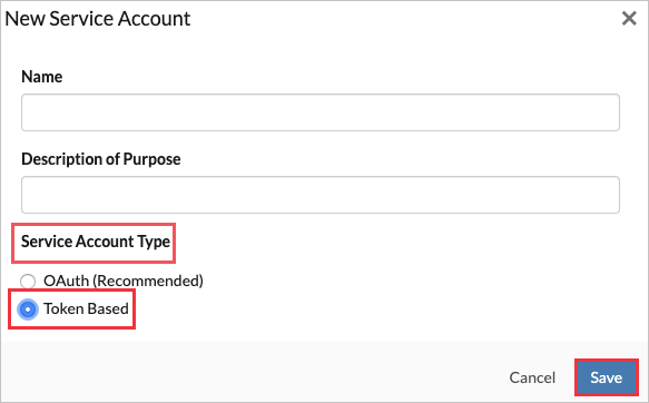 Captura de tela da caixa de diálogo Nova Conta de Serviço com as opções Tipo de Conta de Serviço, Baseada em Token e Salvar destacadas.