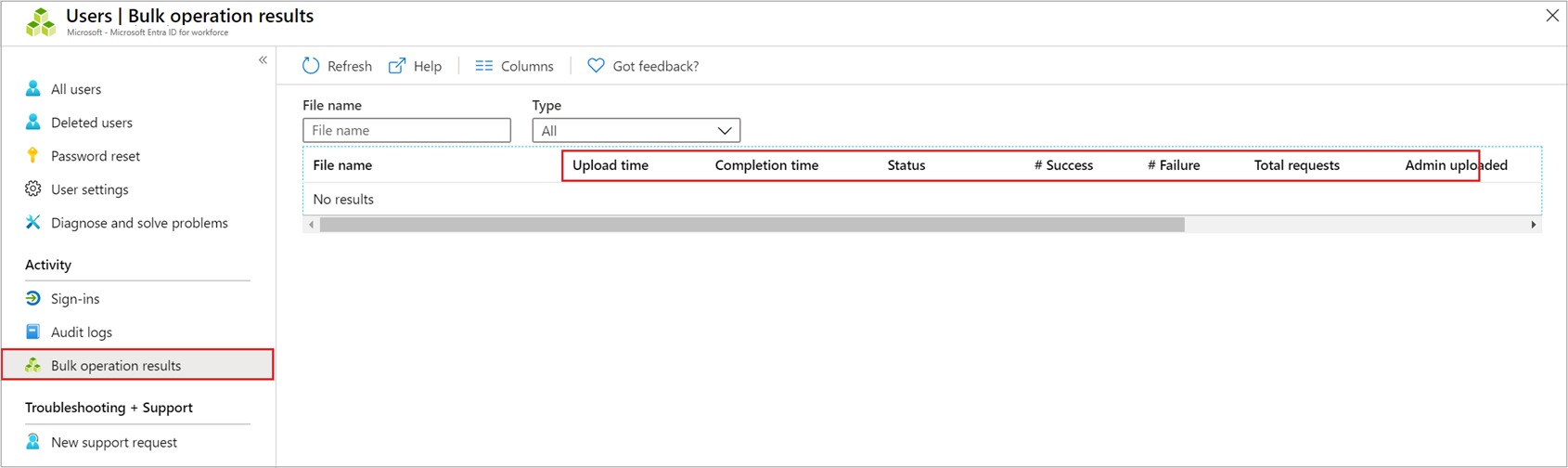 Captura de tela que mostra como verificar o status da operação na página de resultados das operações em massa.