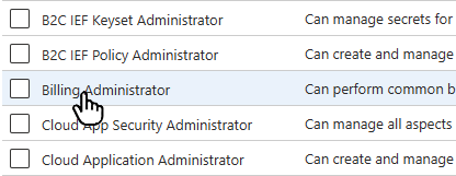 Captura de tela da página Funções e administradores com o mouse sobre o nome da função.