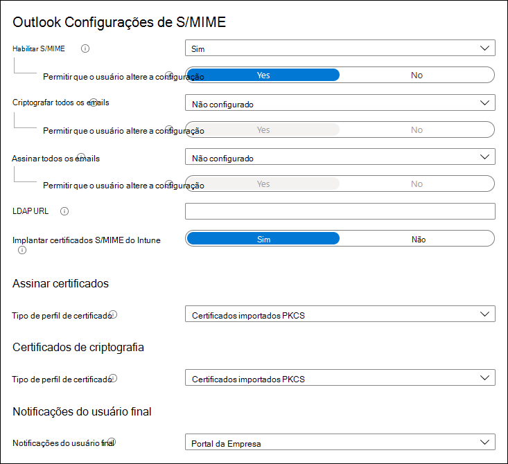 Captura de ecrã a mostrar as definições do Outlook S/MIME.