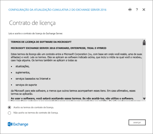 Configuração do Exchange, página Contrato de Licença.