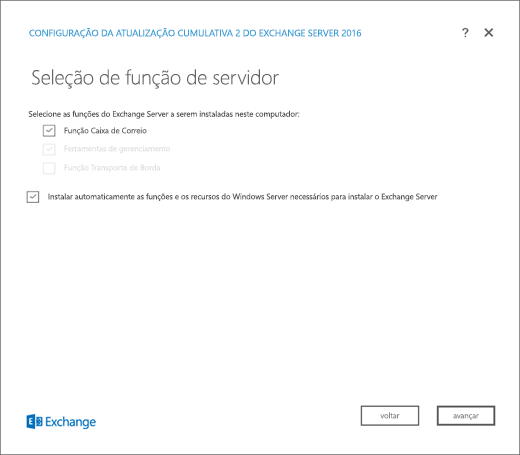 Configuração do Exchange, página de Seleção de Função do Servidor, seleção de função de Caixa de Correio.