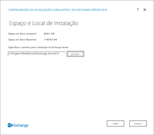 Configuração do Exchange, página Espaço de instalação e localização.