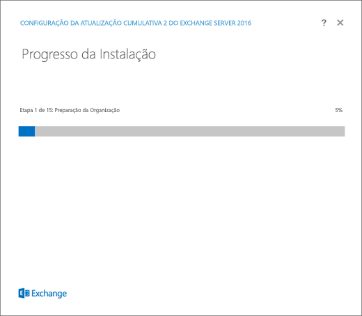 Configuração do Exchange, página de Progresso da Configuração.