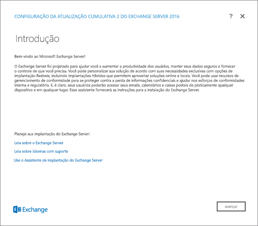 Configuração do Exchange, página de Introdução.