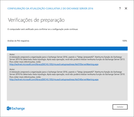 Configuração do Exchange, Página de Verificação de Preparação com os erros resolvidos.