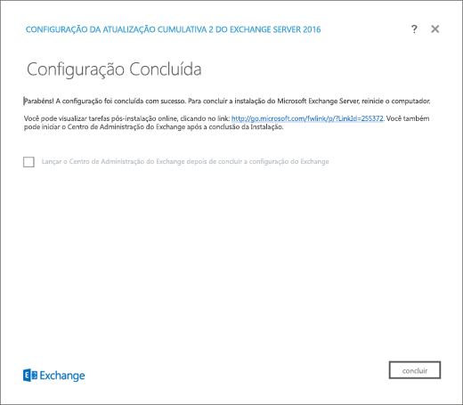 Configuração do Exchange, página Configuração Concluída.