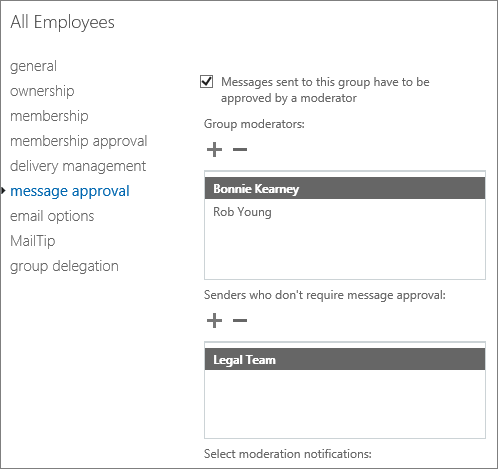 Configurações de aprovação de mensagem para um grupo de distribuição.