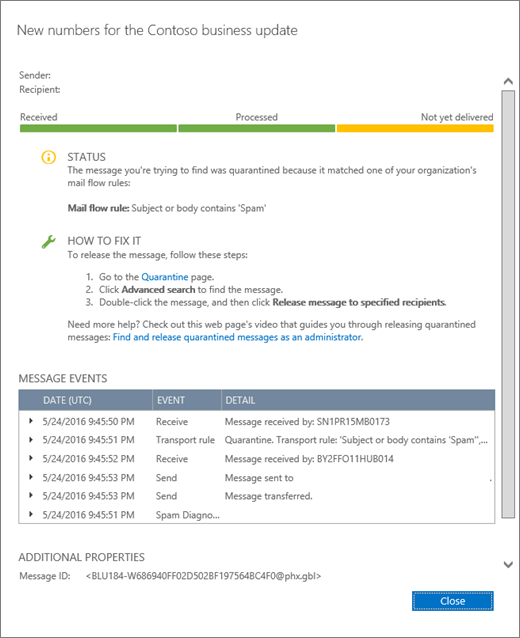 Screenshot of the message trace details page showing an example of what message trace details look like.