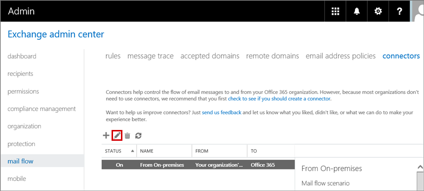 A captura de tela mostra a seleção do conector no Centro de administração do Exchange e, em seguida, o clique no ícone Editar, que tem forma de caneta.