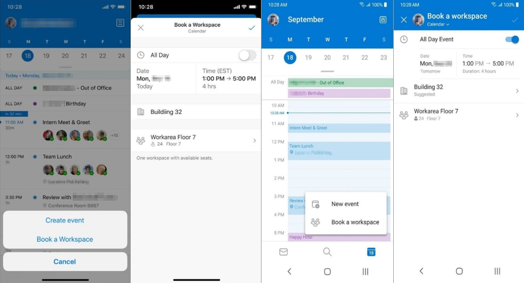 Captura de tela do workspace no Outlook para iOS e Android.