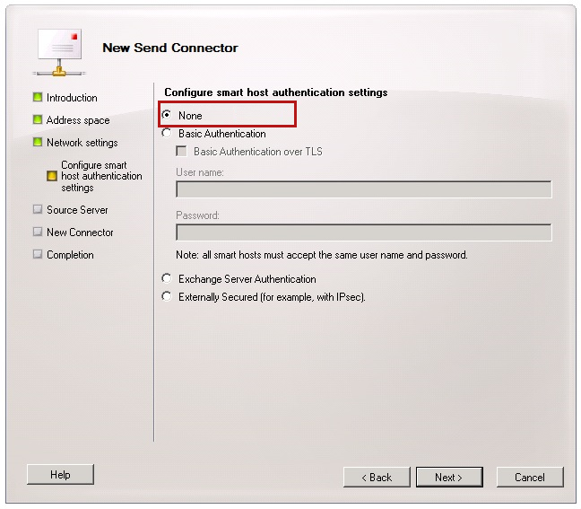 Captura de tela da janela Novo Conector de Envio selecionando nenhuma para a opção Configurar configurações de autenticação de host inteligente.