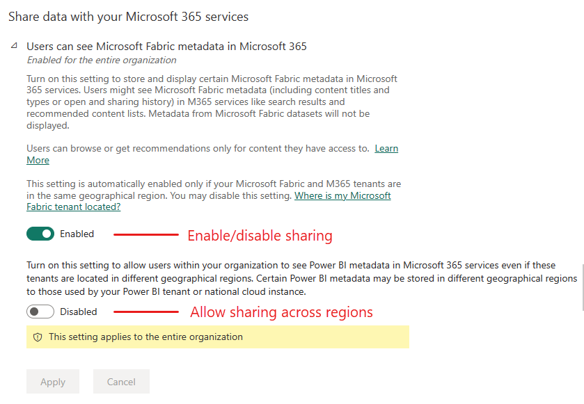 Captura de tela da opção Os usuários podem ver os metadados do Microsoft Fabric na configuração de locatário do Microsoft 365.