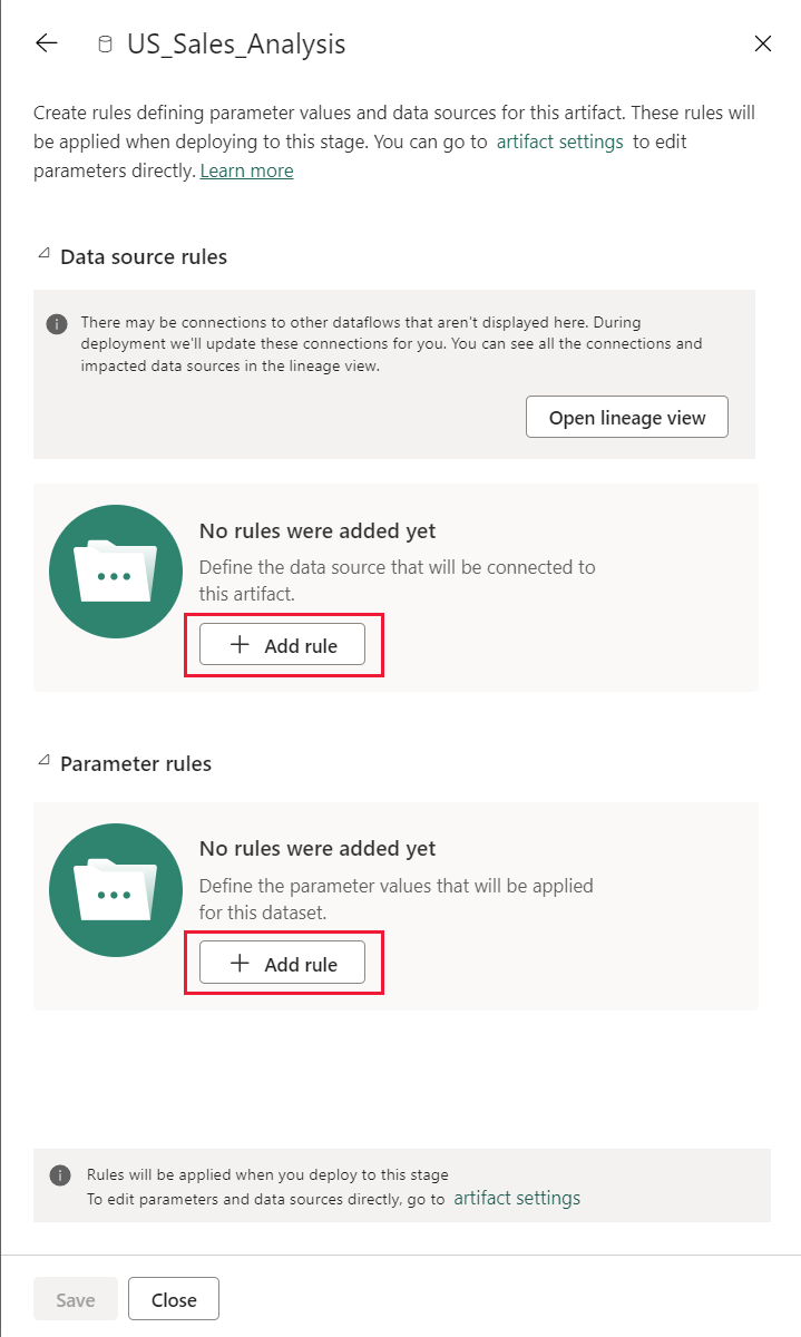 Uma captura de tela do painel de regras de implantação. Ela mostra um conjunto de dados selecionado e os dois tipos de regras, fonte de dados e parâmetros, que você pode configurar para ele.